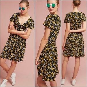 Anthropologie Maeve Women’s Yellow Black Floral Cinched Waist Dress Small